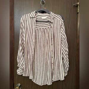 LC LAUREN CONRAD STRIPED LINEN TOP SIZE XS OVERSIZED BROWN OFF WHITE